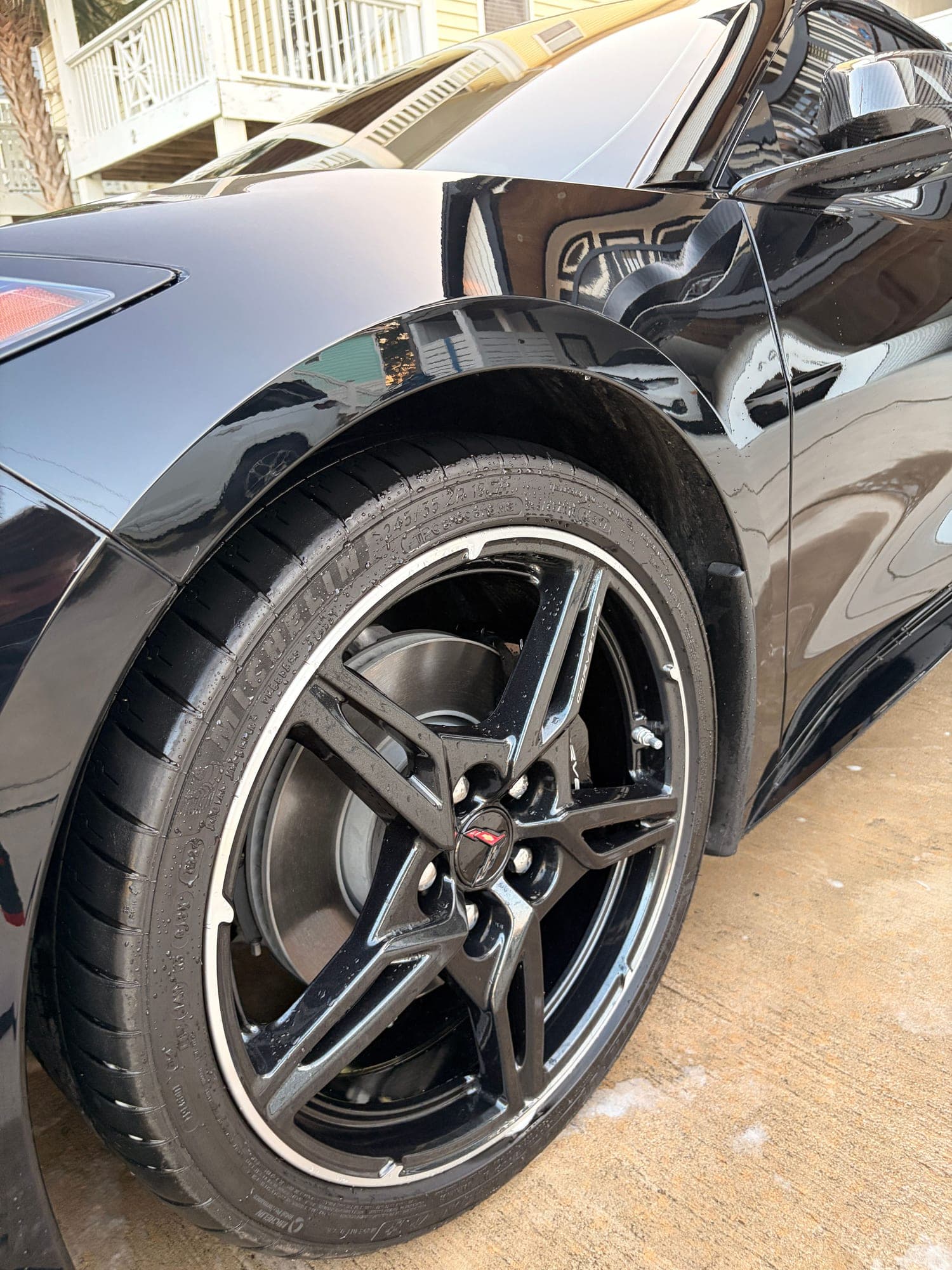 Corvette wheel, tire and fender after a wash and wheel clean